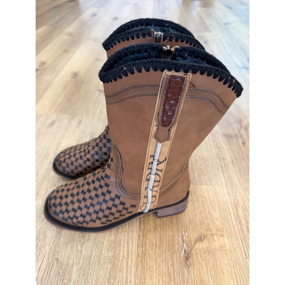 Cuadra Boho Western Woven Leather Mid-Calf Boots Women 41 Brown Black Zip